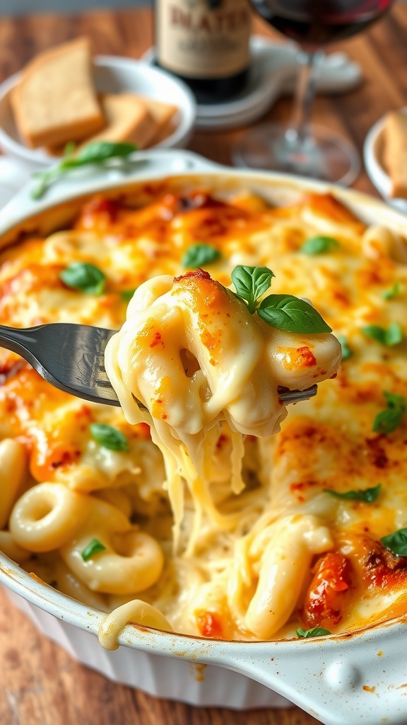 Creamy four cheese pasta bake in a rustic dish, garnished with basil and ready to serve.